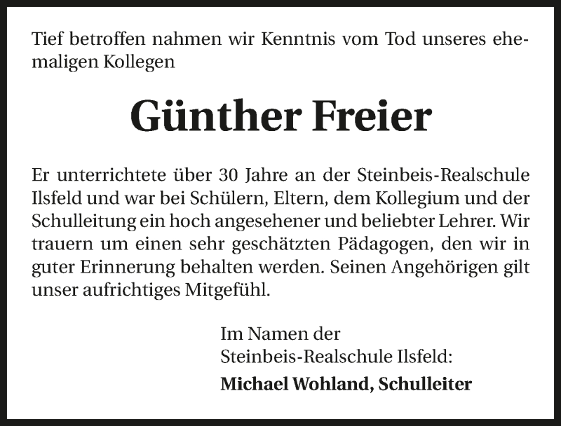  Traueranzeige für Günther Freier vom 27.04.2017 aus 