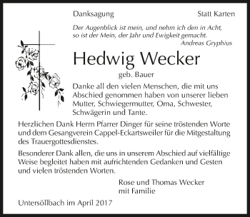 Traueranzeige von Hedwig Wecker 