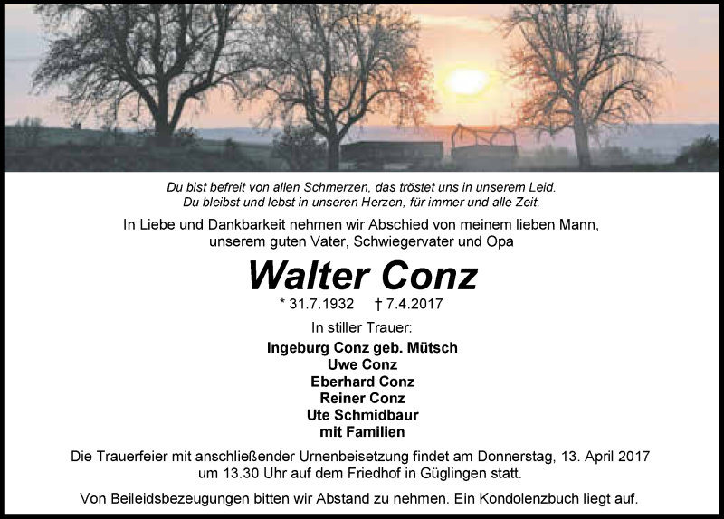  Traueranzeige für Walter Conz vom 10.04.2017 aus 