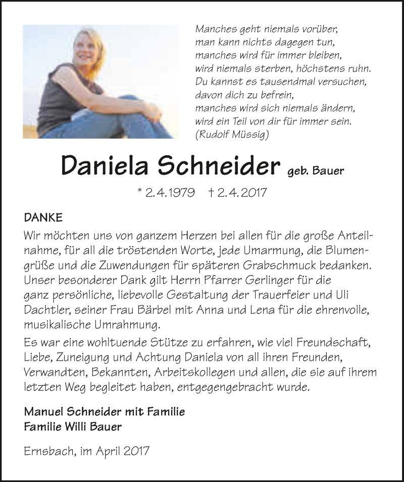  Traueranzeige für Daniela Schneider vom 29.04.2017 aus 