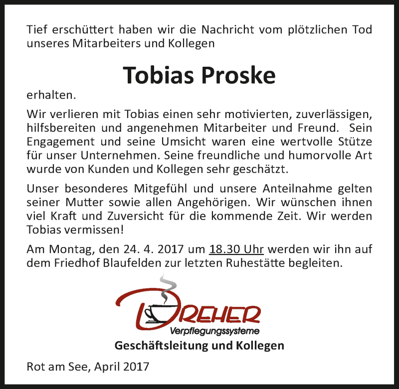  Traueranzeige für Tobias Proske vom 21.04.2017 aus 