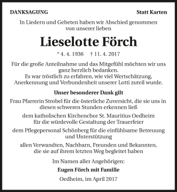 Traueranzeige von Lieselotte Förch 