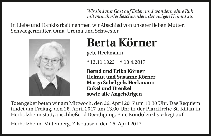  Traueranzeige für Berta Körner vom 25.04.2017 aus 