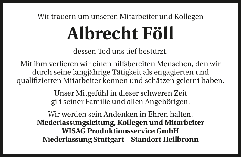  Traueranzeige für Albrecht Föll vom 15.04.2017 aus 
