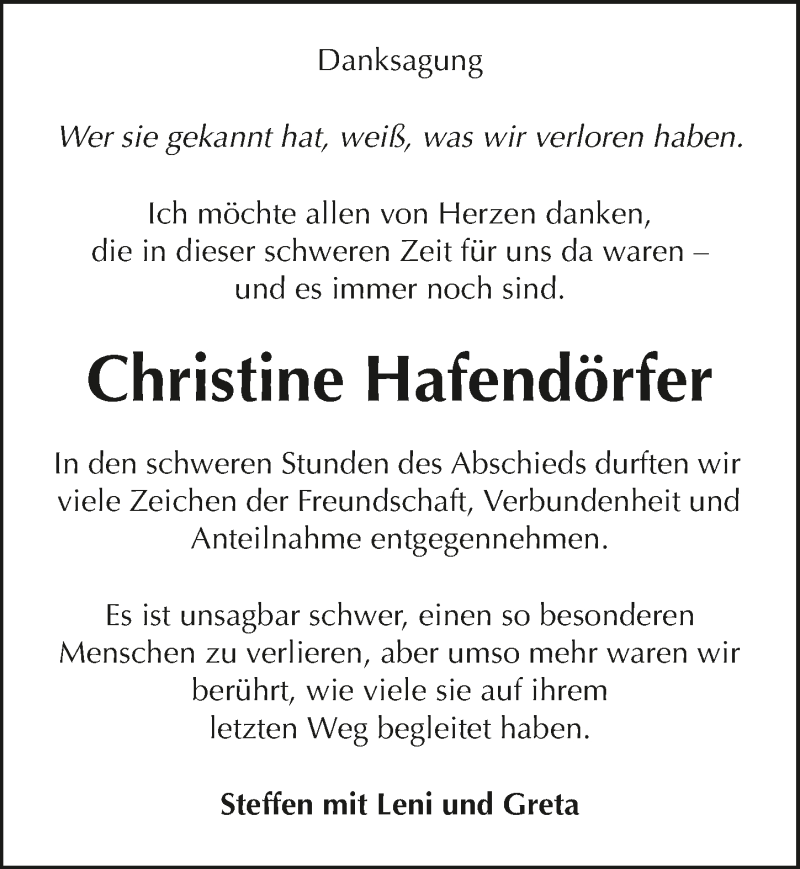  Traueranzeige für Christine Hafendörfer vom 29.04.2017 aus 
