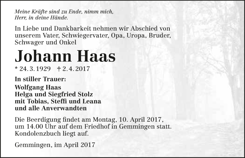  Traueranzeige für Johann Haas vom 07.04.2017 aus 