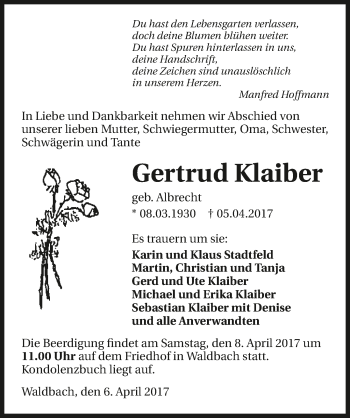 Traueranzeige von Gertrud Klaiber 