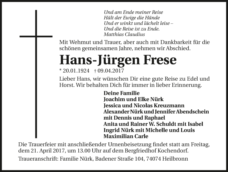  Traueranzeige für Hans-Jürgen Frese vom 15.04.2017 aus 