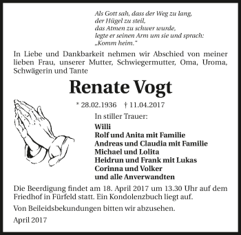 Traueranzeige von Renate Vogt 