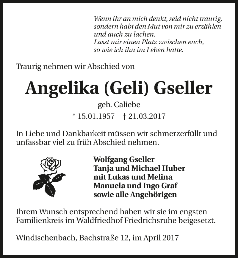  Traueranzeige für Angelika Gseller vom 01.04.2017 aus 