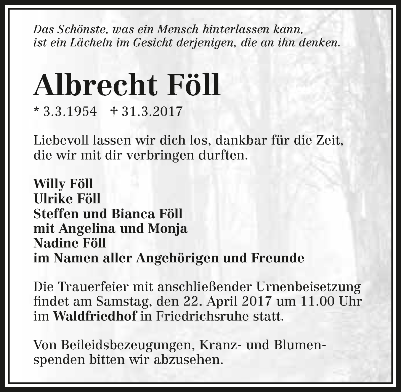  Traueranzeige für Albrecht Föll vom 15.04.2017 aus 