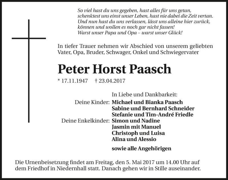  Traueranzeige für Peter Horst Paasch vom 29.04.2017 aus 