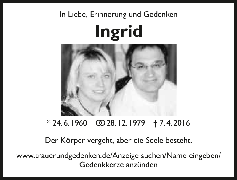  Traueranzeige für Ingrid Schmitt vom 07.04.2017 aus 