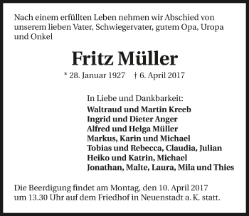 Traueranzeige von Fritz Müller