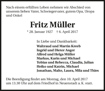 Traueranzeige von Fritz Müller 