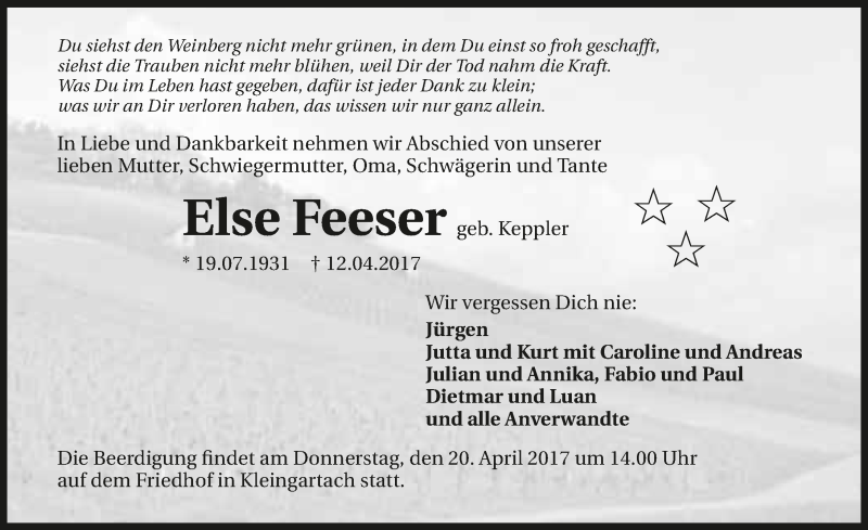  Traueranzeige für Else Feeser vom 15.04.2017 aus 