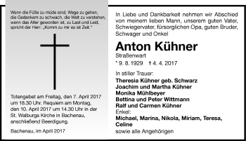 Traueranzeige von Anton Kühner 