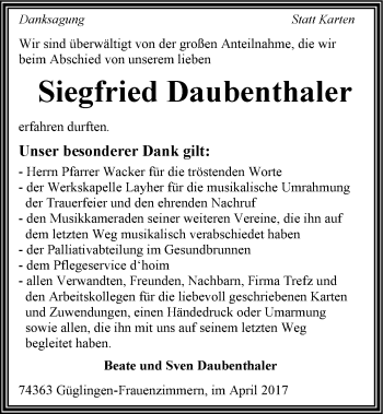 Traueranzeige von Siegfried Daubenthaler 