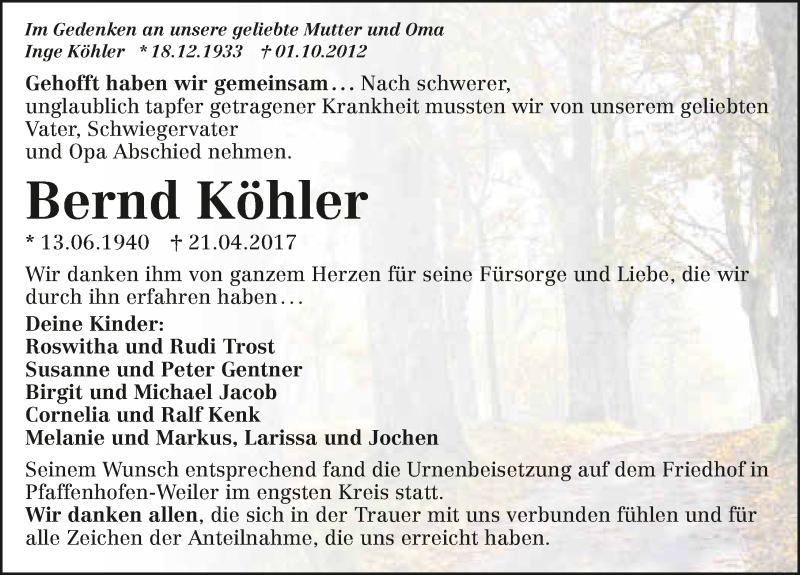  Traueranzeige für Bernd Köhler vom 29.04.2017 aus 