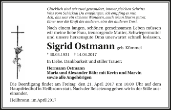 Traueranzeige von Sigrid Ostmann 