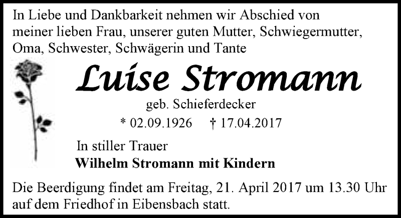  Traueranzeige für Luise Stromann vom 19.04.2017 aus 