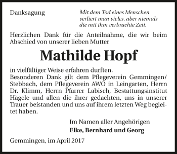 Traueranzeige von Mathilde Hopf 