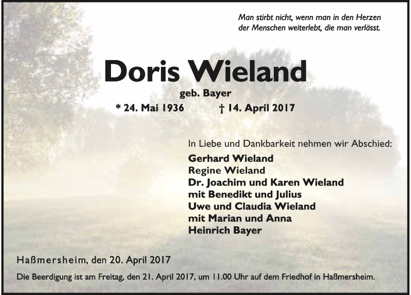  Traueranzeige für Doris Wieland vom 20.04.2017 aus 