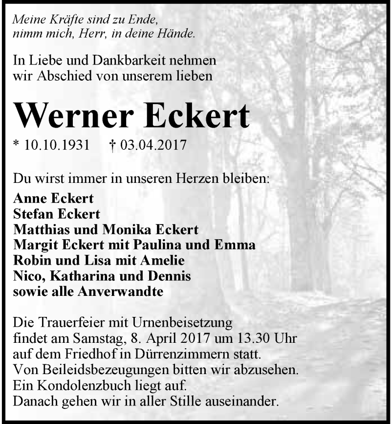  Traueranzeige für Werner Eckert vom 05.04.2017 aus 