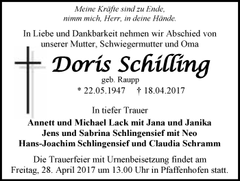 Traueranzeige von Doris Schilling 