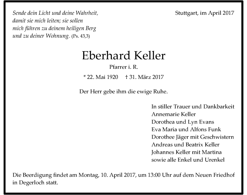  Traueranzeige für Eberhard Keller vom 04.04.2017 aus 