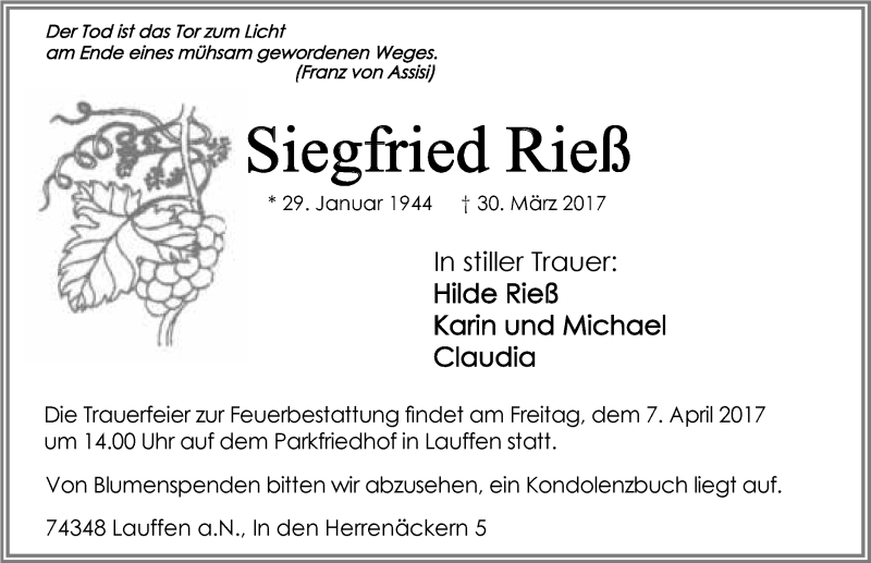  Traueranzeige für Siegfried Rieß vom 04.04.2017 aus 