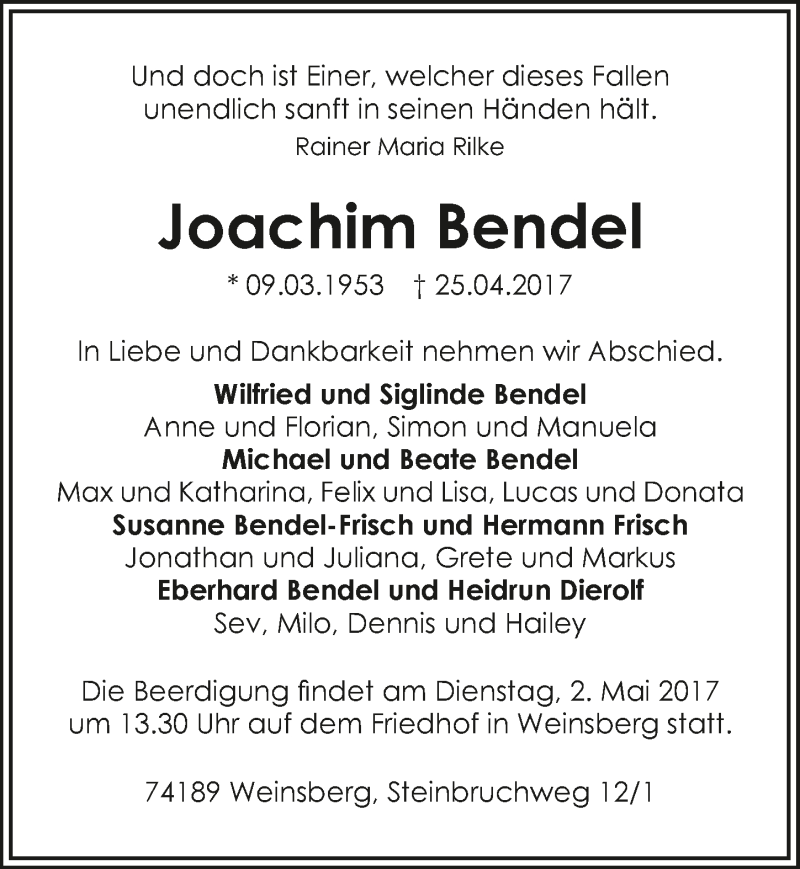 Traueranzeige für Joachim Bendel vom 28.04.2017 aus 