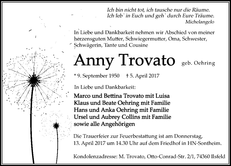  Traueranzeige für Anny Trovato vom 08.04.2017 aus 