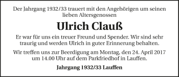 Traueranzeige von Ulrich Clauß 