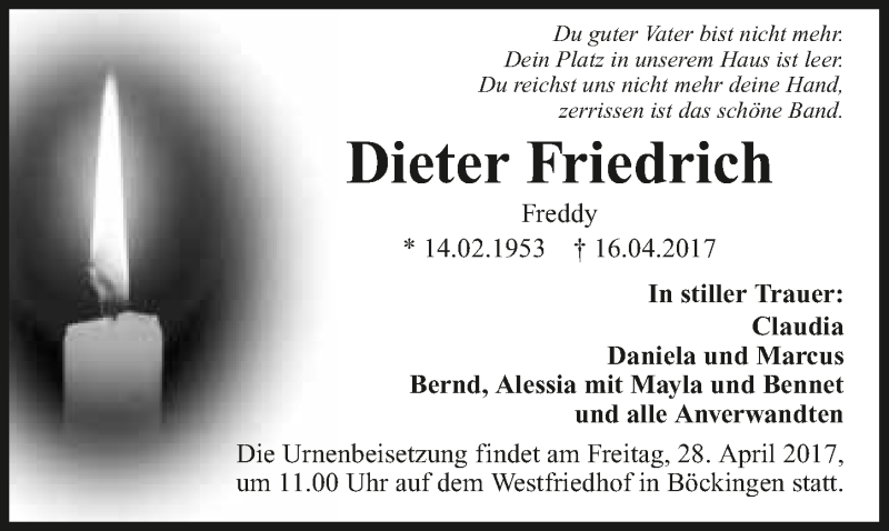  Traueranzeige für Dieter Friedrich vom 22.04.2017 aus 