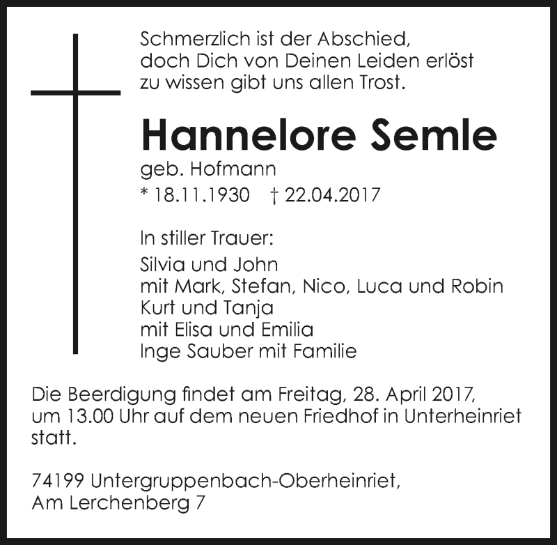  Traueranzeige für Hannelore Semle vom 24.04.2017 aus 