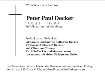 Traueranzeige von Peter Paul Decker 