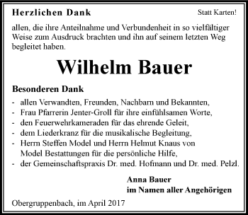 Traueranzeige von Wilhelm Bauer 