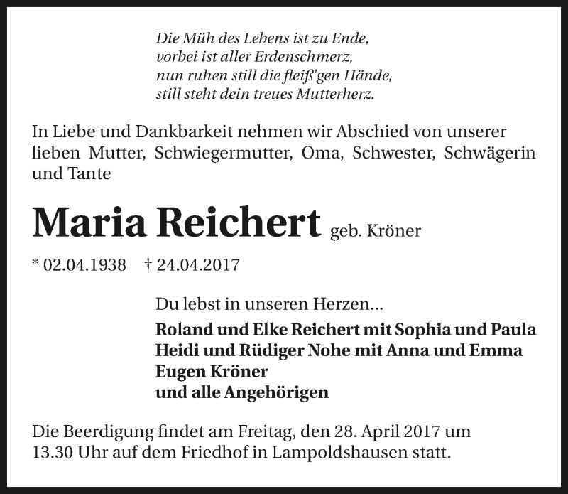 Traueranzeige für Maria Reichert vom 26.04.2017 aus 