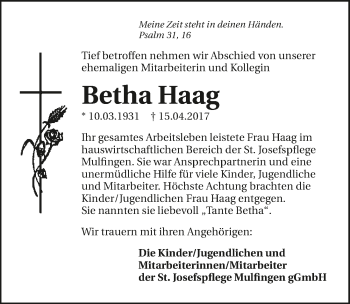 Traueranzeige von Betha Haag 