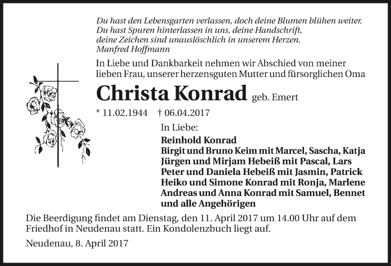  Traueranzeige für Christa Konrad vom 08.04.2017 aus 