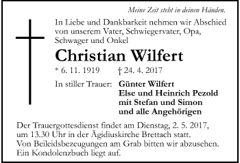 Traueranzeige von Christian Wilfert 