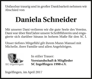 Traueranzeige von Daniela Schneider 