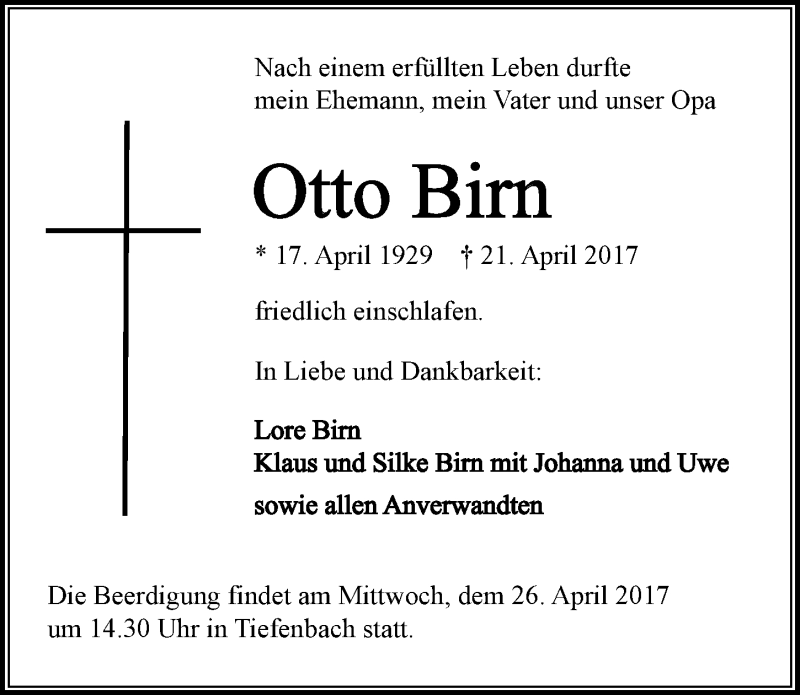  Traueranzeige für Otto Birn vom 24.04.2017 aus 