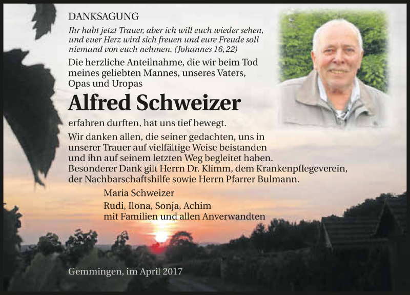 Traueranzeige für Alfred Schweizer vom 15.04.2017 aus 