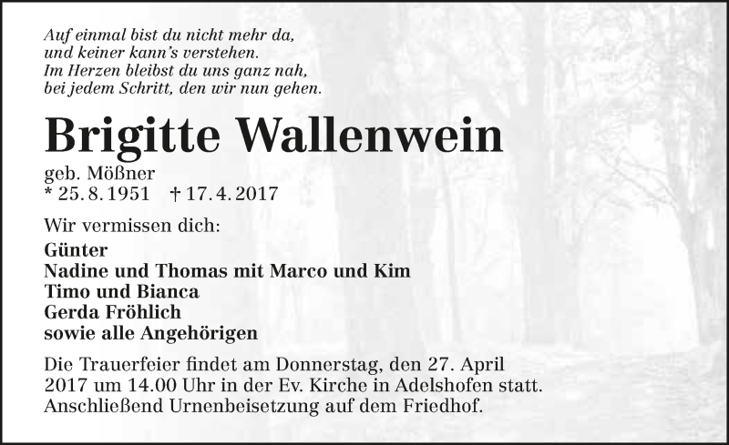  Traueranzeige für Brigitte Wallenwein vom 24.04.2017 aus 