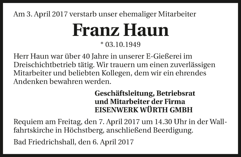  Traueranzeige für Franz Haun vom 06.04.2017 aus 