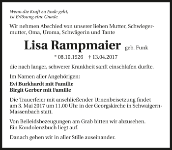 Traueranzeige von Lisa Rampmaier 