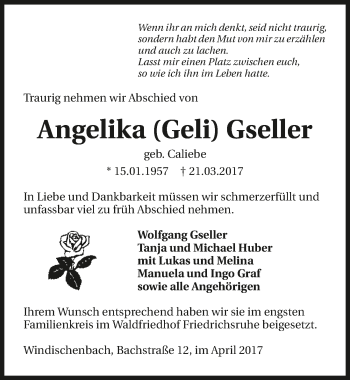 Traueranzeige von Angelika Gseller 