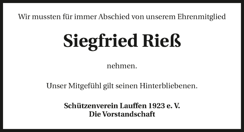  Traueranzeige für Siegfried Rieß vom 06.04.2017 aus 